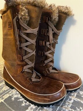 Sorel Tivoli High II Brown Suede Lace-Up Fur-Trim Winter Boots Size 10